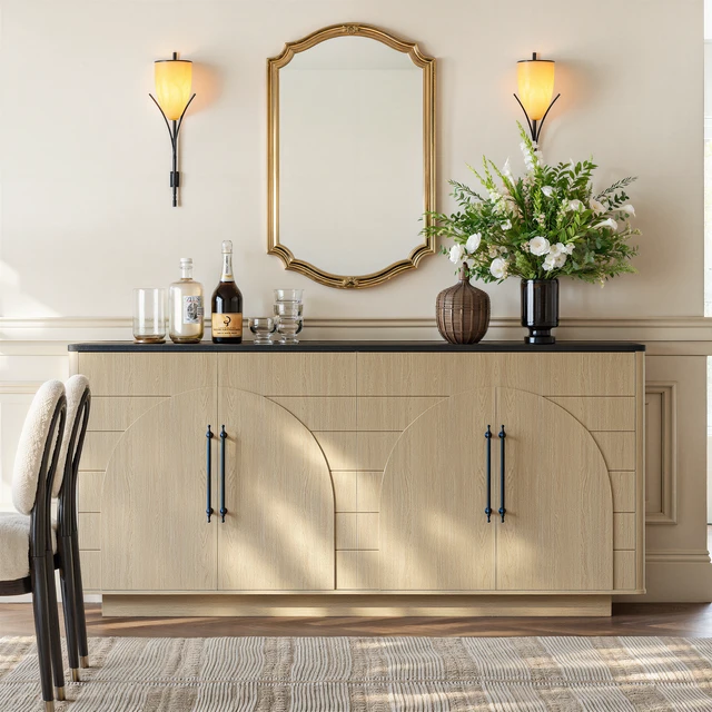 Alt view image 4 of 6 - 67 Inch Sideboard Buffet Cabinet, 4 Door Storage Cabinet with Arched Geometric Doors and Black Top Large Credenza TV