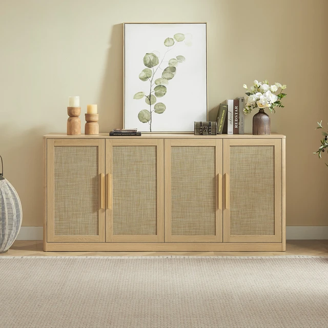 Main image of 67 Inch Rattan Sideboard Buffet Cabinet, 4 Door Large Storage Credenza with Shelves Buffet Cabinet for Living Dining
