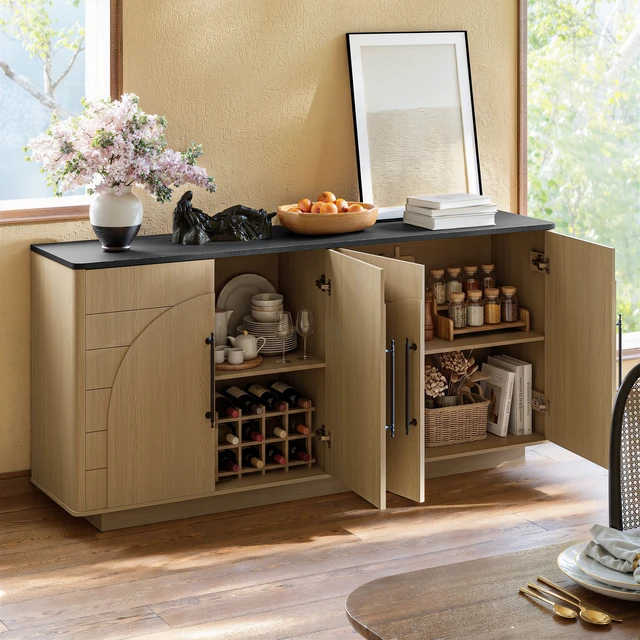 Alt view image 5 of 6 - 67 Inch Sideboard Buffet Cabinet, 4 Door Storage Cabinet with Arched Geometric Doors and Black Top Large Credenza TV