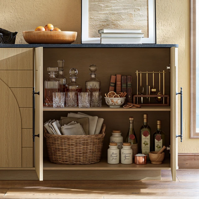 Alt view image 6 of 6 - 67 Inch Sideboard Buffet Cabinet, 4 Door Storage Cabinet with Arched Geometric Doors and Black Top Large Credenza TV