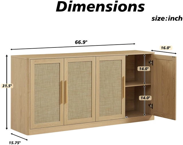 Alt view image 2 of 7 - 67 Inch Rattan Sideboard Buffet Cabinet, 4 Door Large Storage Credenza with Shelves Buffet Cabinet for Living Dining