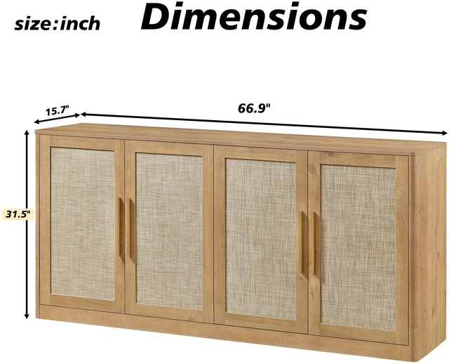 Main image of 67 Inch Rattan 4 Door Buffet Cabinet, Sideboard Large Credenza Sideboard Buffet for Living and Kitchen Caramel 67 Inch