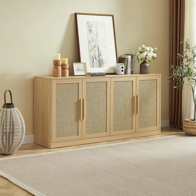 Alt view image 3 of 7 - 67 Inch Rattan Sideboard Buffet Cabinet, 4 Door Large Storage Credenza with Shelves Buffet Cabinet for Living Dining