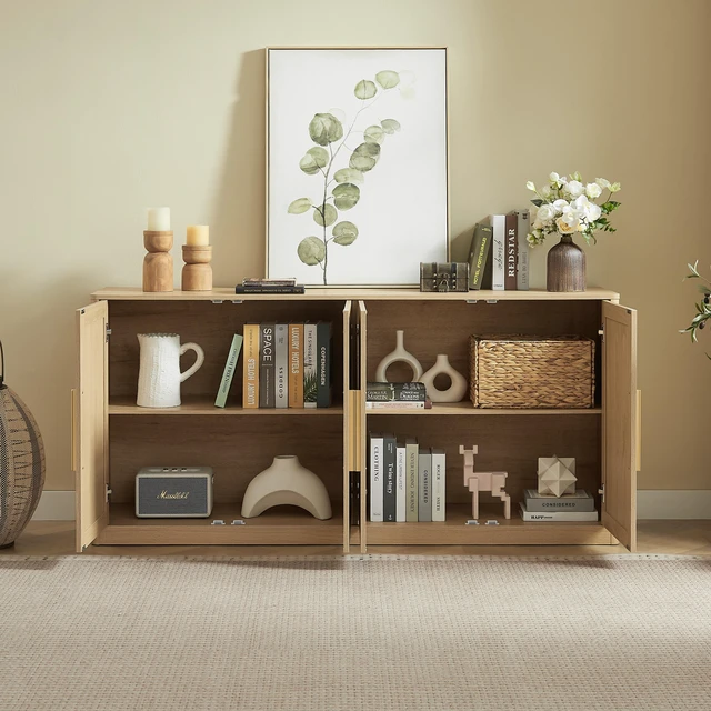 Alt view image 4 of 7 - 67 Inch Rattan Sideboard Buffet Cabinet, 4 Door Large Storage Credenza with Shelves Buffet Cabinet for Living Dining