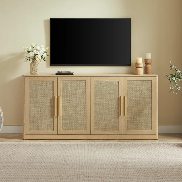 Alt view image 6 of 7 - 67 Inch Rattan Sideboard Buffet Cabinet, 4 Door Large Storage Credenza with Shelves Buffet Cabinet for Living Dining