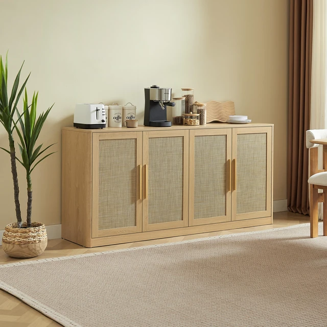 Alt view image 5 of 7 - 67 Inch Rattan Sideboard Buffet Cabinet, 4 Door Large Storage Credenza with Shelves Buffet Cabinet for Living Dining