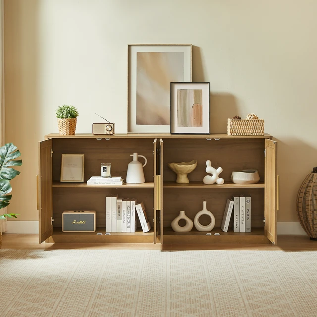 Alt view image 2 of 2 - 67 Inch Rattan 4 Door Buffet Cabinet, Sideboard Large Credenza Sideboard Buffet for Living and Kitchen Caramel 67 Inch