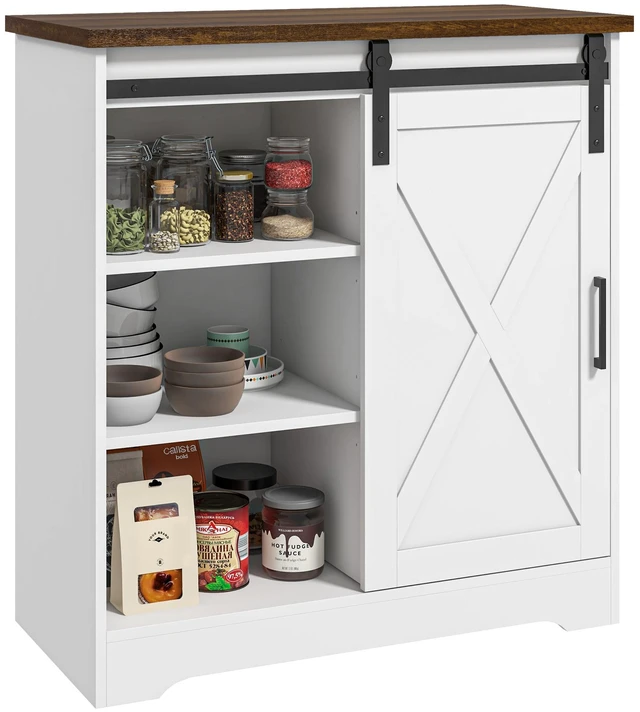 Main image of Coffee Bar Cabinet, 33 Inch Buffet Sideboard with Sliding Barn Door and Adjustable Shelf Kitchen Buffet Cabinet, White