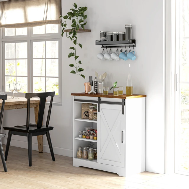Alt view image 3 of 7 - Coffee Bar Cabinet, 33 Inch Buffet Sideboard with Sliding Barn Door and Adjustable Shelf Kitchen Buffet Cabinet, White
