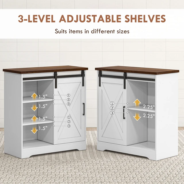 Alt view image 5 of 7 - Coffee Bar Cabinet, 33 Inch Buffet Sideboard with Sliding Barn Door and Adjustable Shelf Kitchen Buffet Cabinet, White