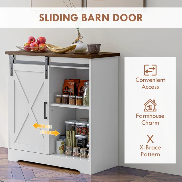 Alt view image 6 of 7 - Coffee Bar Cabinet, 33 Inch Buffet Sideboard with Sliding Barn Door and Adjustable Shelf Kitchen Buffet Cabinet, White