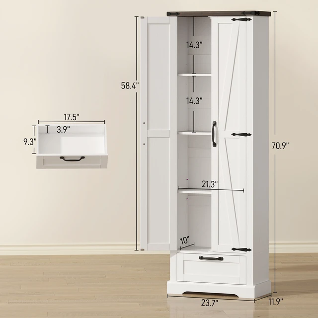 Alt view image 7 of 7 - 71 Inch Tall Kitchen Pantry, Storage Cabinet with Barn Doors Drawer and Adjustable Shelves Freestanding Food Pantry