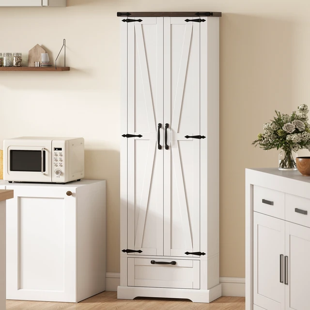Alt view image 2 of 7 - 71 Inch Tall Kitchen Pantry, Storage Cabinet with Barn Doors Drawer and Adjustable Shelves Freestanding Food Pantry
