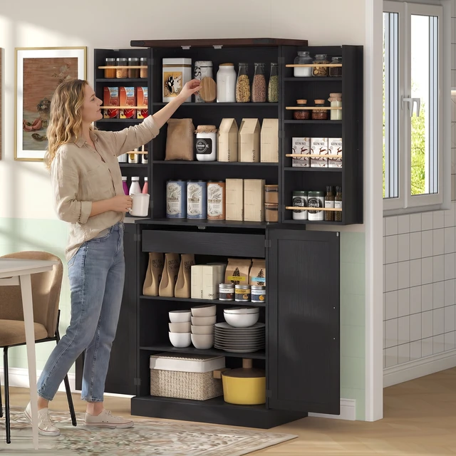 Alt view image 2 of 7 - 72 Inch Tall Kitchen Pantry Cabinet, Storage Cabinet with 8 Door Racks and Drawer Freestanding Food Pantry