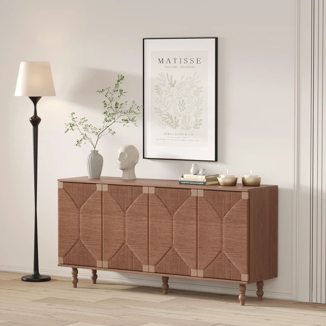 Alt view image 2 of 7 - Accent Sideboard Buffet Cabinet Storage TV Stand in Wire and Seagrass Doors Sideboard, Entryway Dining, Brown, MDF