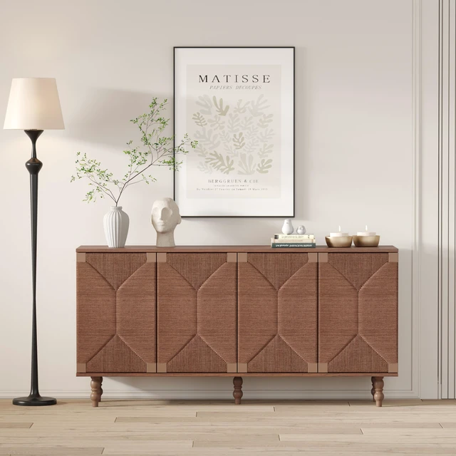 Alt view image 3 of 7 - Accent Sideboard Buffet Cabinet Storage TV Stand in Wire and Seagrass Doors Sideboard, Entryway Dining, Brown, MDF