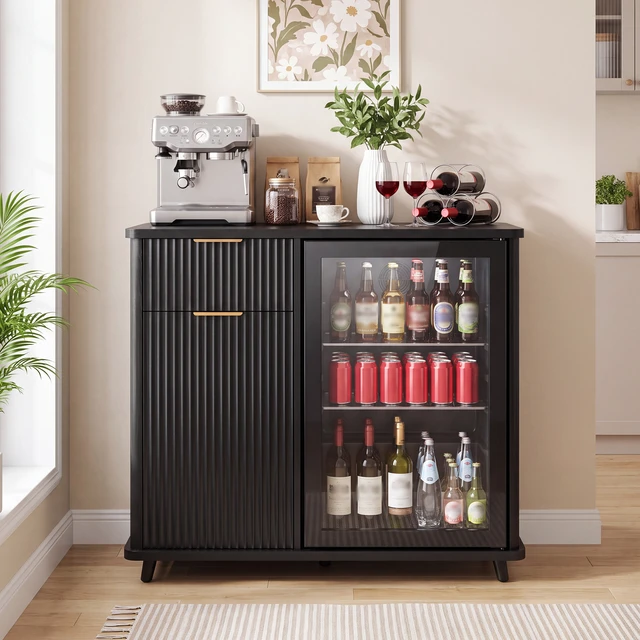 Alt view image 3 of 7 - Fluted Coffee Bar Cabinet with Mini Fridge Space and Charging Station, Bar Cabinet with Hidden Trash Can Storage