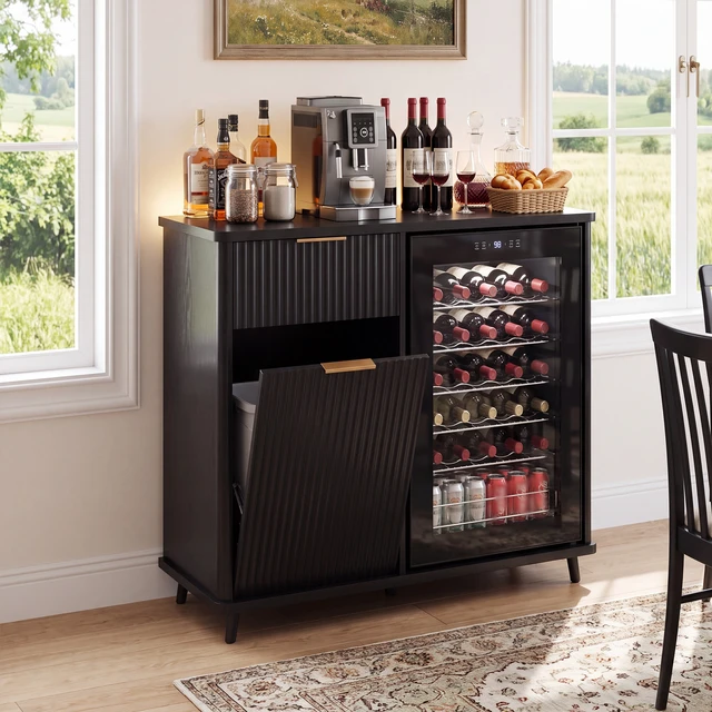 Alt view image 4 of 7 - Fluted Coffee Bar Cabinet with Mini Fridge Space and Charging Station, Bar Cabinet with Hidden Trash Can Storage