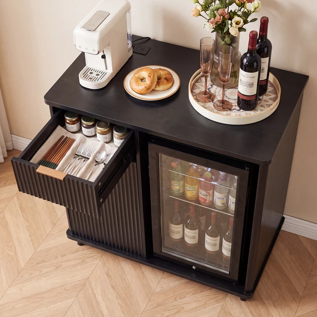 Alt view image 5 of 7 - Fluted Coffee Bar Cabinet with Mini Fridge Space and Charging Station, Bar Cabinet with Hidden Trash Can Storage