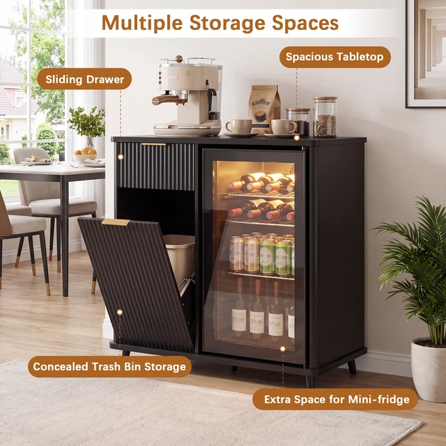 Alt view image 7 of 7 - Fluted Coffee Bar Cabinet with Mini Fridge Space and Charging Station, Bar Cabinet with Hidden Trash Can Storage