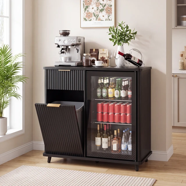 Alt view image 2 of 7 - Fluted Coffee Bar Cabinet with Mini Fridge Space and Charging Station, Bar Cabinet with Hidden Trash Can Storage