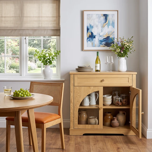 Alt view image 3 of 7 - 32 Inch Sideboard Cabinet with 1 Drawer and Arched Glass Doors, Accent Storage Cabinet with Adjustable Shelves
