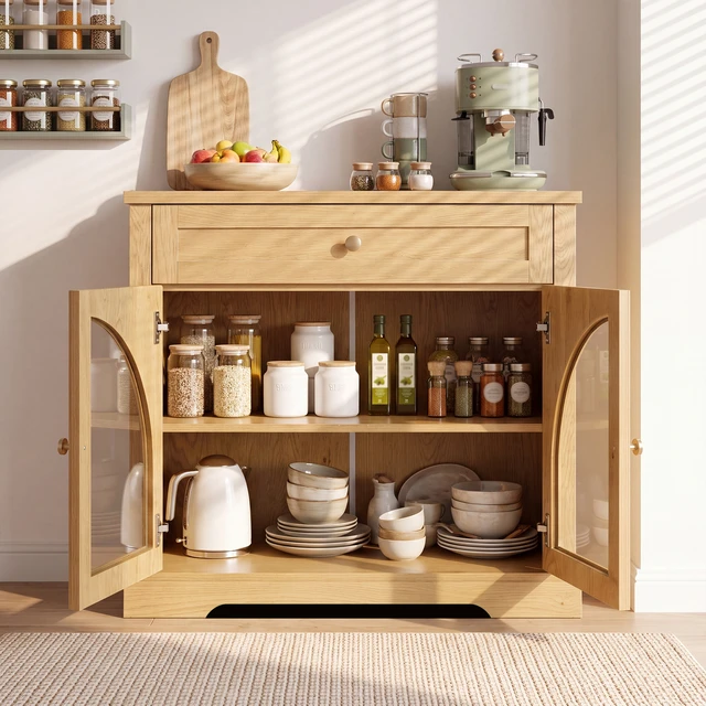 Alt view image 2 of 7 - 32 Inch Sideboard Cabinet with 1 Drawer and Arched Glass Doors, Accent Storage Cabinet with Adjustable Shelves