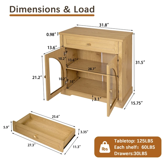 Alt view image 7 of 7 - 32 Inch Sideboard Cabinet with 1 Drawer and Arched Glass Doors, Accent Storage Cabinet with Adjustable Shelves