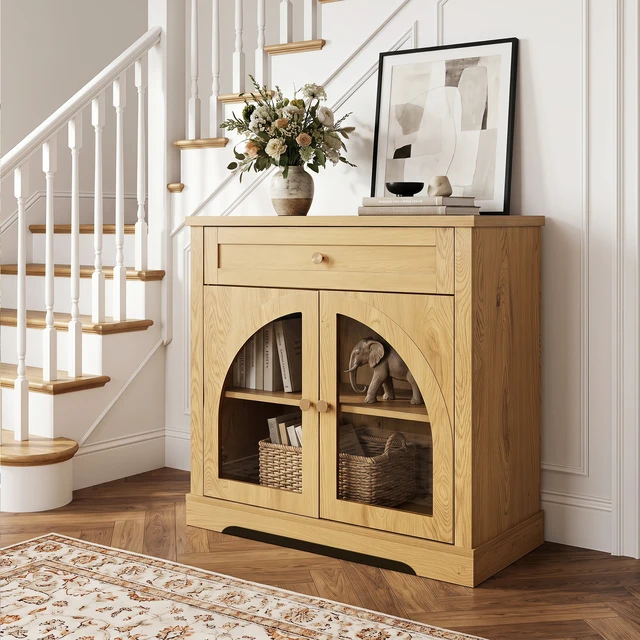 Alt view image 4 of 7 - 32 Inch Sideboard Cabinet with 1 Drawer and Arched Glass Doors, Accent Storage Cabinet with Adjustable Shelves