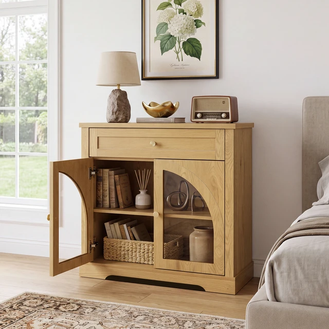 Alt view image 5 of 7 - 32 Inch Sideboard Cabinet with 1 Drawer and Arched Glass Doors, Accent Storage Cabinet with Adjustable Shelves