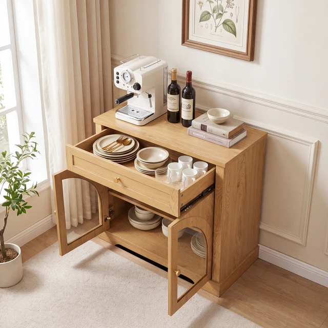 Alt view image 6 of 7 - 32 Inch Sideboard Cabinet with 1 Drawer and Arched Glass Doors, Accent Storage Cabinet with Adjustable Shelves