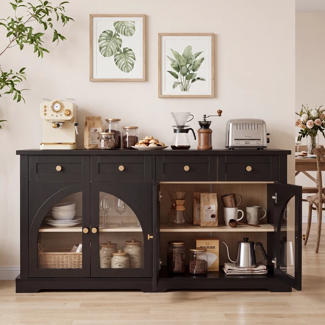 Alt view image 2 of 7 - 60 Inch Sideboard Cabinet with 4 Drawers and Arched Glass Doors, Accent Storage Cabinet with Adjustable Shelves