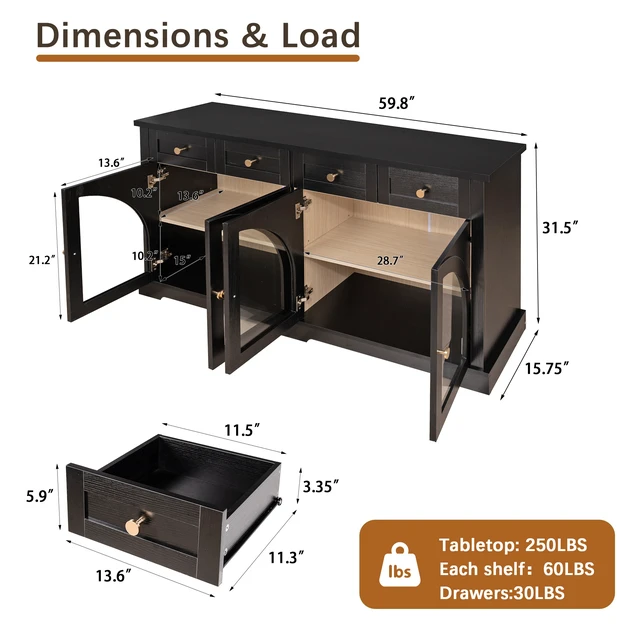 Alt view image 5 of 7 - 60 Inch Sideboard Cabinet with 4 Drawers and Arched Glass Doors, Accent Storage Cabinet with Adjustable Shelves
