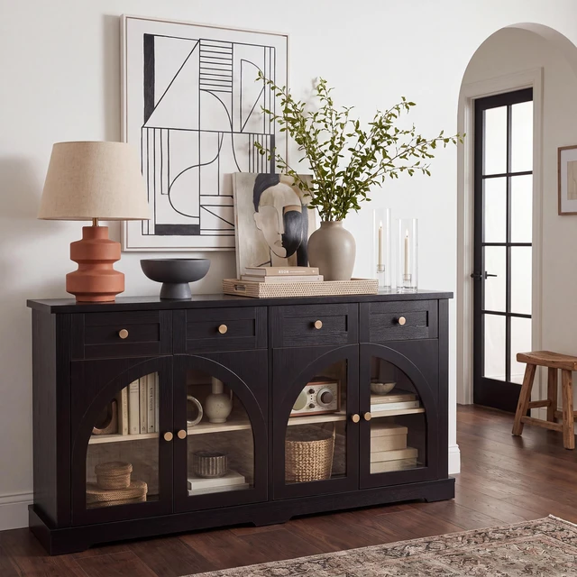 Main image of 60 Inch Sideboard Cabinet with 4 Drawers and Arched Glass Doors, Accent Storage Cabinet with Adjustable Shelves