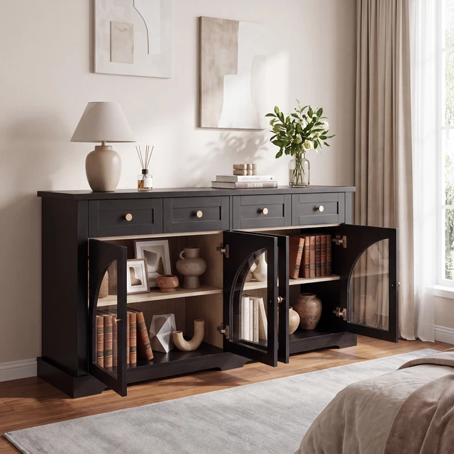 Alt view image 3 of 7 - 60 Inch Sideboard Cabinet with 4 Drawers and Arched Glass Doors, Accent Storage Cabinet with Adjustable Shelves