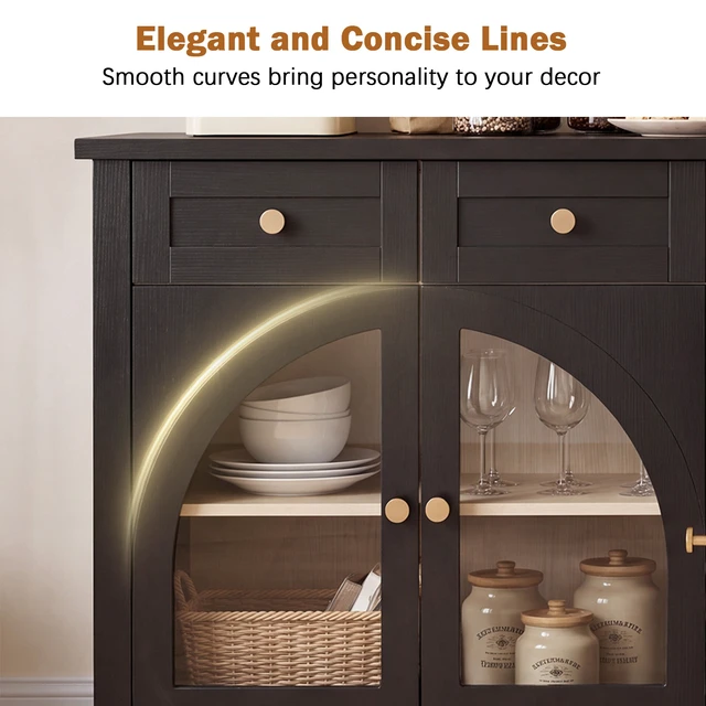 Alt view image 6 of 7 - 60 Inch Sideboard Cabinet with 4 Drawers and Arched Glass Doors, Accent Storage Cabinet with Adjustable Shelves
