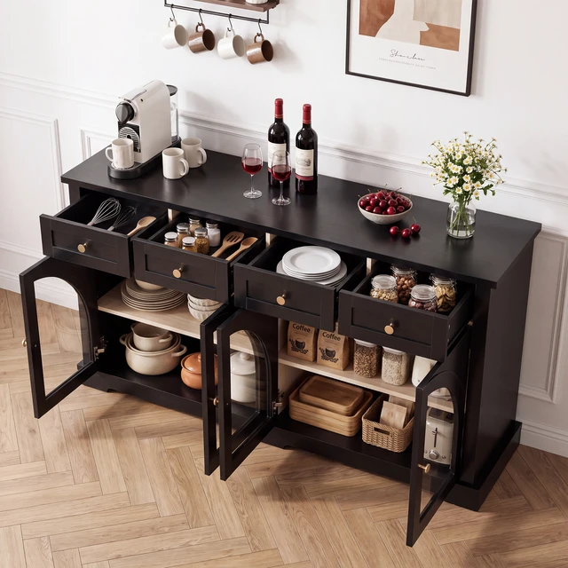 Alt view image 4 of 7 - 60 Inch Sideboard Cabinet with 4 Drawers and Arched Glass Doors, Accent Storage Cabinet with Adjustable Shelves