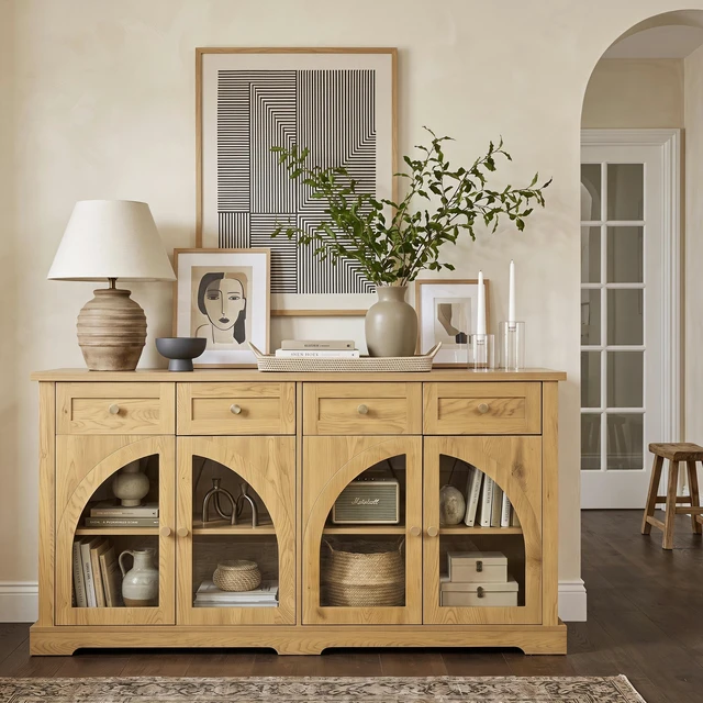 Main image of 60 Inch Sideboard Cabinet with 4 Drawers and Arched Glass Doors, Accent Storage Cabinet with Adjustable Shelves