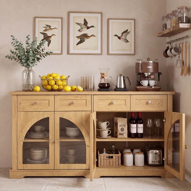 Alt view image 2 of 7 - 60 Inch Sideboard Cabinet with 4 Drawers and Arched Glass Doors, Accent Storage Cabinet with Adjustable Shelves