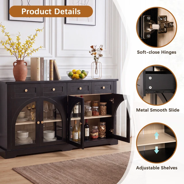 Alt view image 7 of 7 - 60 Inch Sideboard Cabinet with 4 Drawers and Arched Glass Doors, Accent Storage Cabinet with Adjustable Shelves