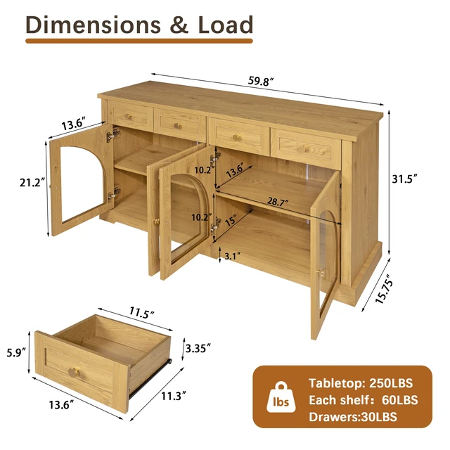 Alt view image 7 of 7 - 60 Inch Sideboard Cabinet with 4 Drawers and Arched Glass Doors, Accent Storage Cabinet with Adjustable Shelves