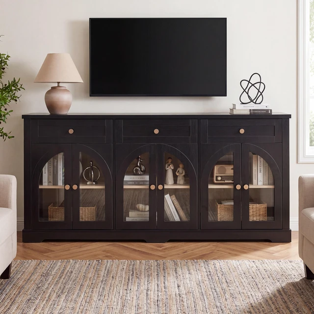 Main image of 68 Inch Sideboard Cabinet with 3 Drawers and Arched Glass Doors, Accent Storage Cabinet with Adjustable Shelves