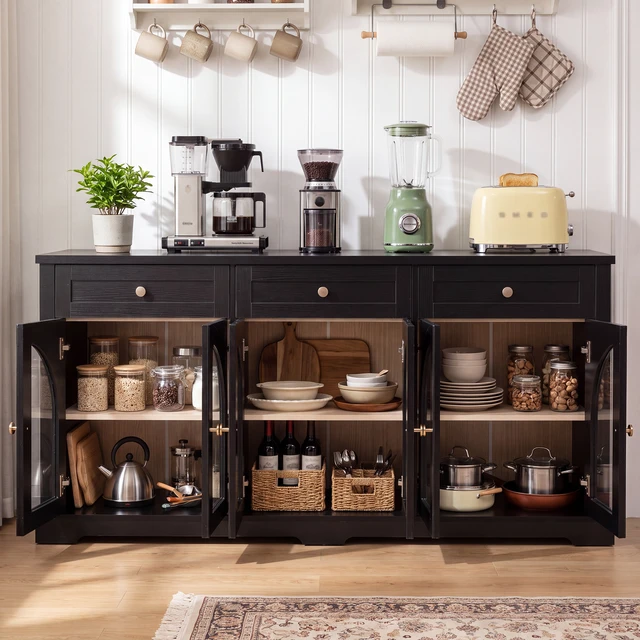 Alt view image 2 of 7 - 68 Inch Sideboard Cabinet with 3 Drawers and Arched Glass Doors, Accent Storage Cabinet with Adjustable Shelves