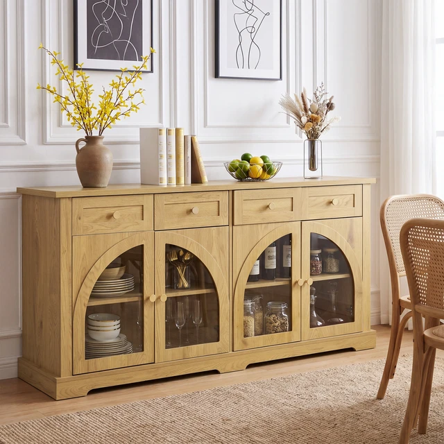 Alt view image 6 of 7 - 60 Inch Sideboard Cabinet with 4 Drawers and Arched Glass Doors, Accent Storage Cabinet with Adjustable Shelves