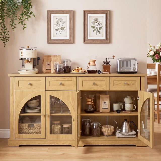Alt view image 5 of 7 - 60 Inch Sideboard Cabinet with 4 Drawers and Arched Glass Doors, Accent Storage Cabinet with Adjustable Shelves