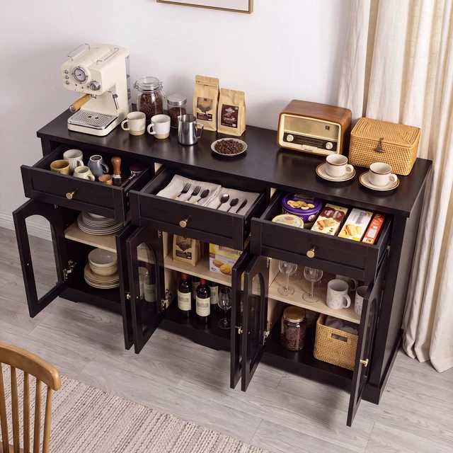 Alt view image 5 of 7 - 68 Inch Sideboard Cabinet with 3 Drawers and Arched Glass Doors, Accent Storage Cabinet with Adjustable Shelves