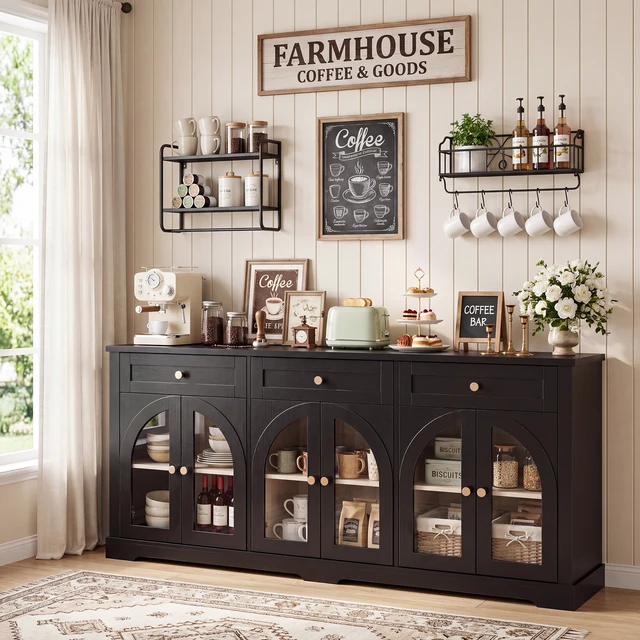 Alt view image 4 of 7 - 68 Inch Sideboard Cabinet with 3 Drawers and Arched Glass Doors, Accent Storage Cabinet with Adjustable Shelves