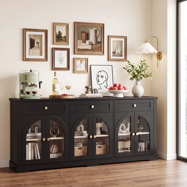 Alt view image 3 of 7 - 68 Inch Sideboard Cabinet with 3 Drawers and Arched Glass Doors, Accent Storage Cabinet with Adjustable Shelves