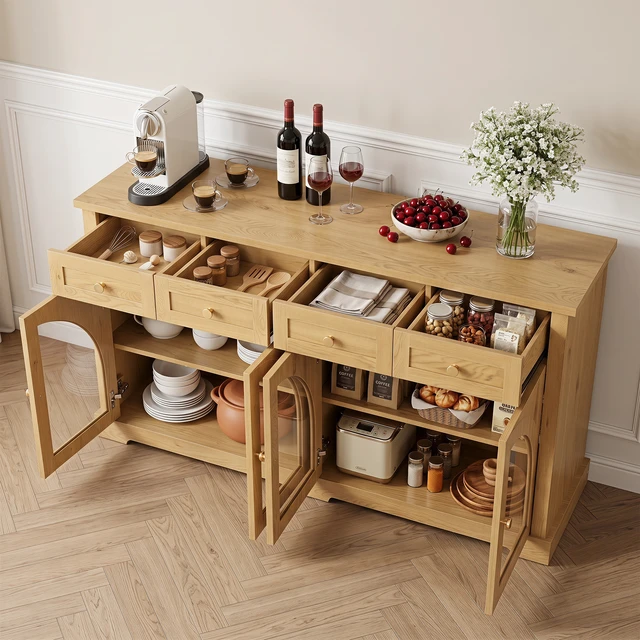 Alt view image 3 of 7 - 60 Inch Sideboard Cabinet with 4 Drawers and Arched Glass Doors, Accent Storage Cabinet with Adjustable Shelves