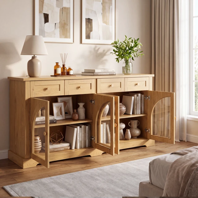 Alt view image 4 of 7 - 60 Inch Sideboard Cabinet with 4 Drawers and Arched Glass Doors, Accent Storage Cabinet with Adjustable Shelves